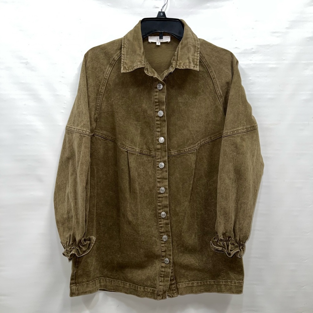 Kelsis Shirt Women’s Small Green Long Sleeve 100% Cotton Denim Ruffles